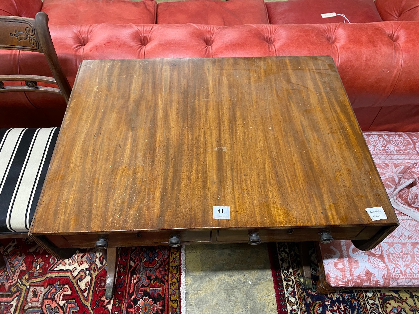 A Regency style mahogany sofa table, width 85cm, depth 61cm, height 72cm